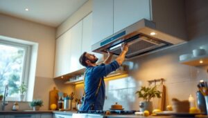 A photograph of a lighting contractor installing a sleek