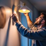 A photograph of a lighting contractor skillfully installing or adjusting a stylish light fixture in a modern home setting