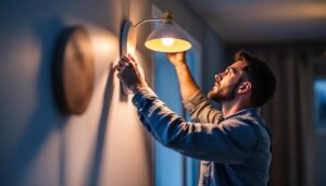 A photograph of a lighting contractor skillfully installing or adjusting a stylish light fixture in a modern home setting