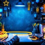 A photograph of a well-organized workspace featuring a variety of colorful led light strip tapes