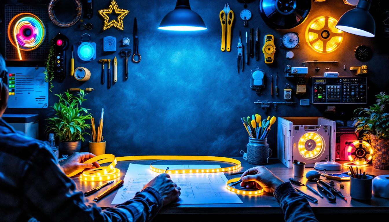 A photograph of a well-organized workspace featuring a variety of colorful led light strip tapes
