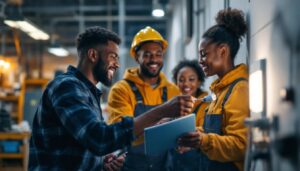 A photograph of a team of diverse individuals engaged in a hands-on training session