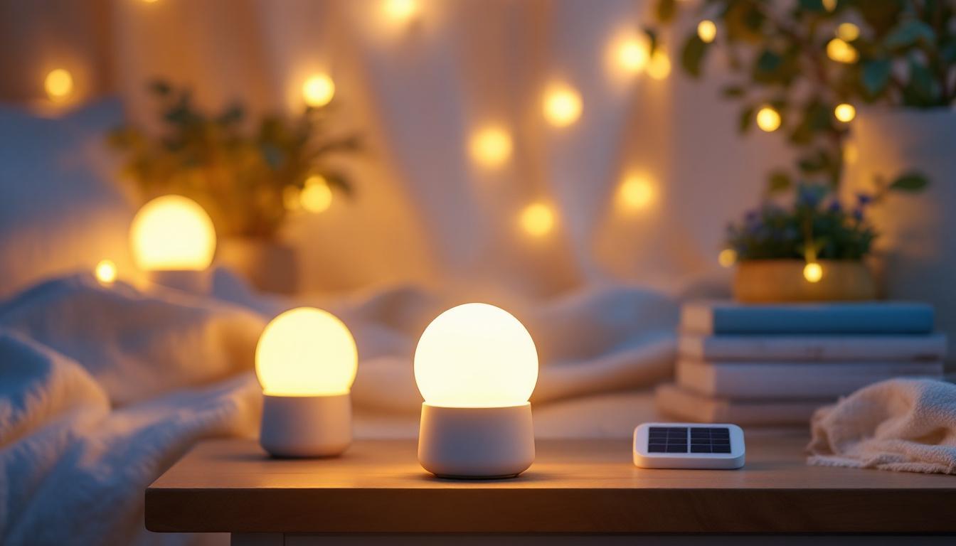 A photograph of a beautifully arranged indoor setting featuring solar-powered night lights