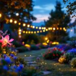 A photograph of a beautifully illuminated garden at dusk