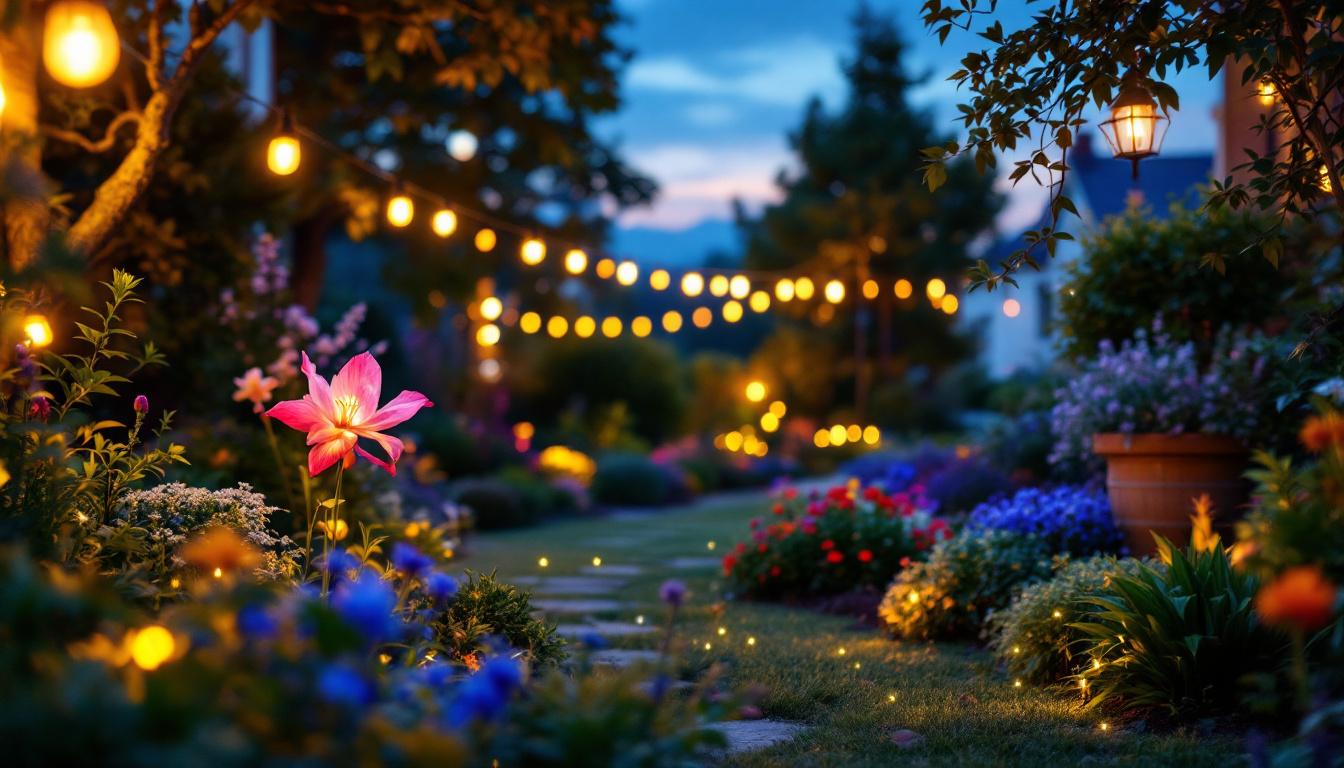 A photograph of a beautifully illuminated garden at dusk