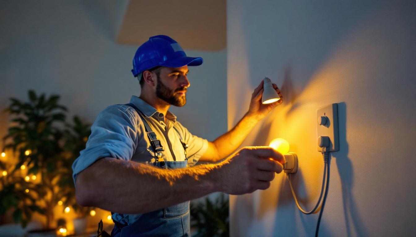 A photograph of a lighting contractor skillfully installing plug-in can lights in a modern living space