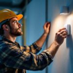 A photograph of a skilled lighting contractor installing or adjusting a modern wall sensor in a well-lit environment