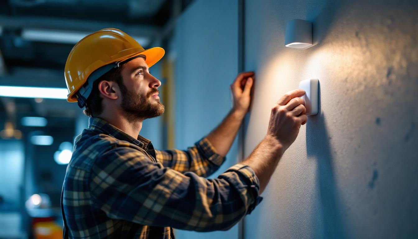 A photograph of a skilled lighting contractor installing or adjusting a modern wall sensor in a well-lit environment