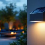 A photograph of a solar sconce elegantly illuminating a modern outdoor space