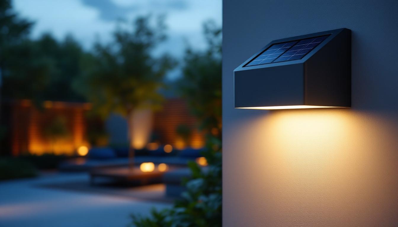 A photograph of a solar sconce elegantly illuminating a modern outdoor space