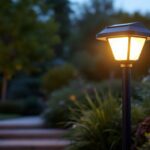 A photograph of a solar dusk-to-dawn outdoor light illuminating a beautifully landscaped garden at twilight