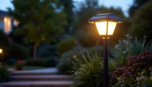 A photograph of a solar dusk-to-dawn outdoor light illuminating a beautifully landscaped garden at twilight