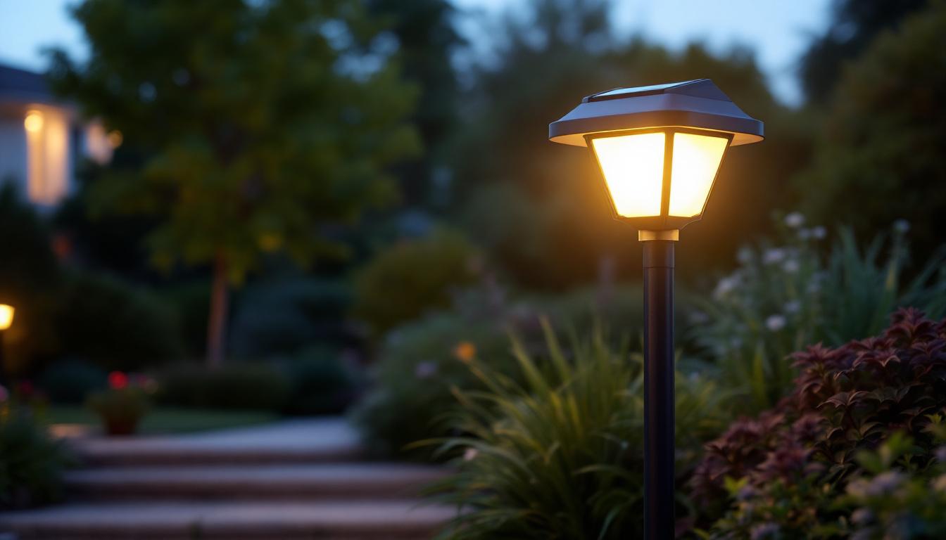 A photograph of a solar dusk-to-dawn outdoor light illuminating a beautifully landscaped garden at twilight