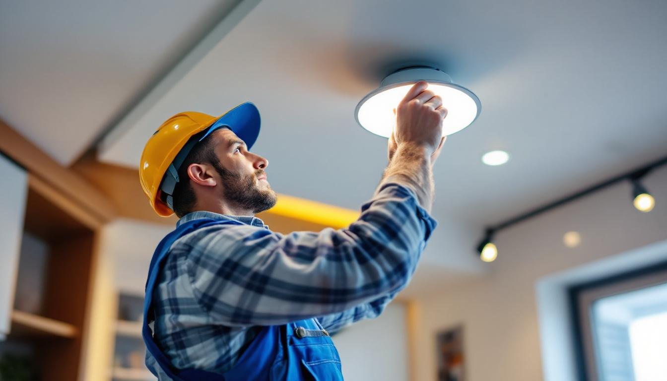 A photograph of a lighting contractor expertly installing a wafer light bracket in a modern ceiling