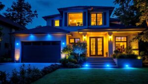 A photograph of a well-lit residential exterior featuring striking blue led lights accentuating architectural details