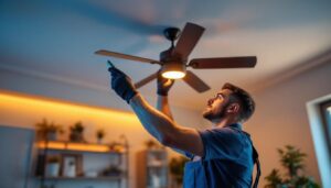 A photograph of a skilled lighting contractor installing a stylish ceiling fan in a modern home setting