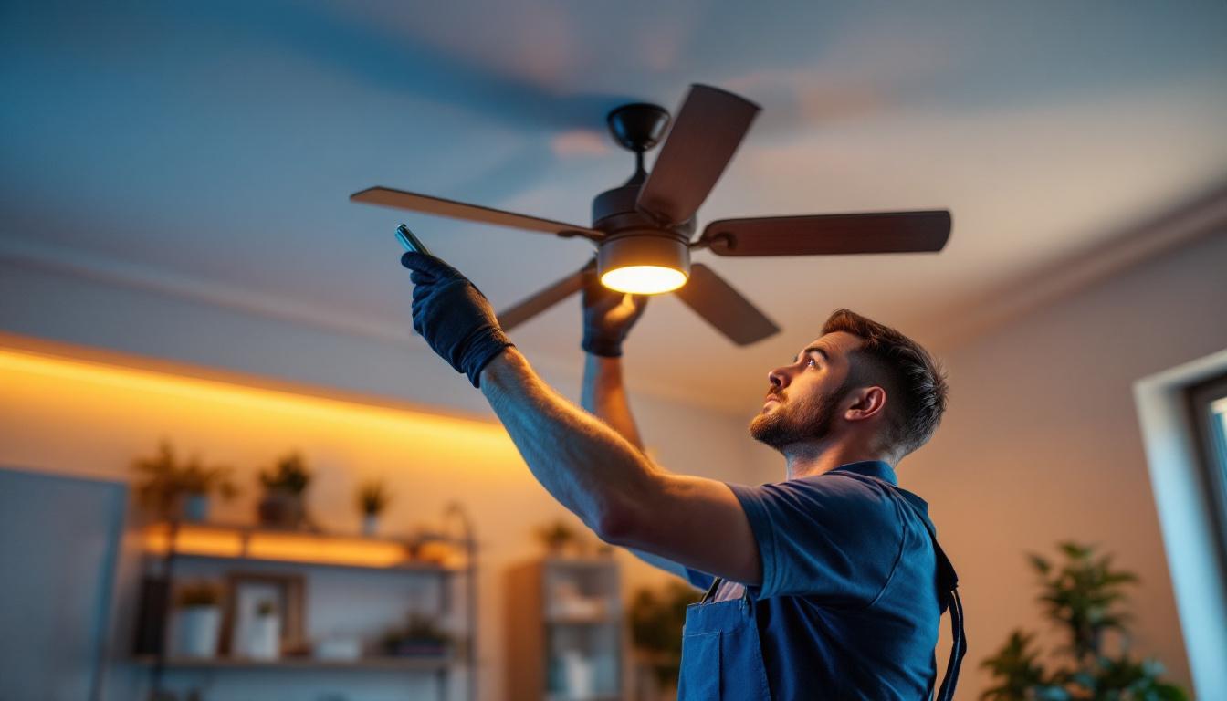 A photograph of a skilled lighting contractor installing a stylish ceiling fan in a modern home setting