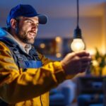 A photograph of a lighting contractor expertly installing led bulbs in a modern residential setting