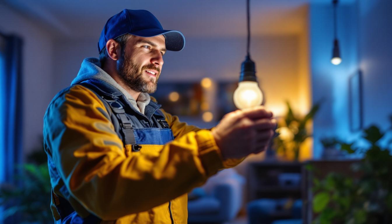 A photograph of a lighting contractor expertly installing led bulbs in a modern residential setting