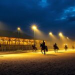 A photograph of a well-lit horse arena at dusk