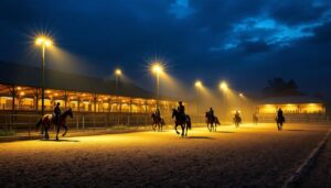 A photograph of a well-lit horse arena at dusk