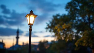 A photograph of a well-lit outdoor scene featuring a lamp post equipped with a motion sensor