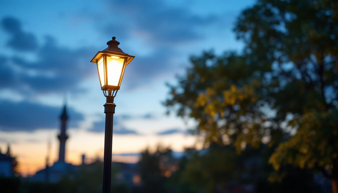 A photograph of a well-lit outdoor scene featuring a lamp post equipped with a motion sensor