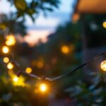 A photograph of a lighting contractor installing solar led outdoor string lights in a garden setting during twilight