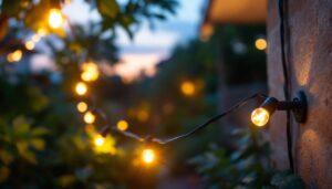 A photograph of a lighting contractor installing solar led outdoor string lights in a garden setting during twilight