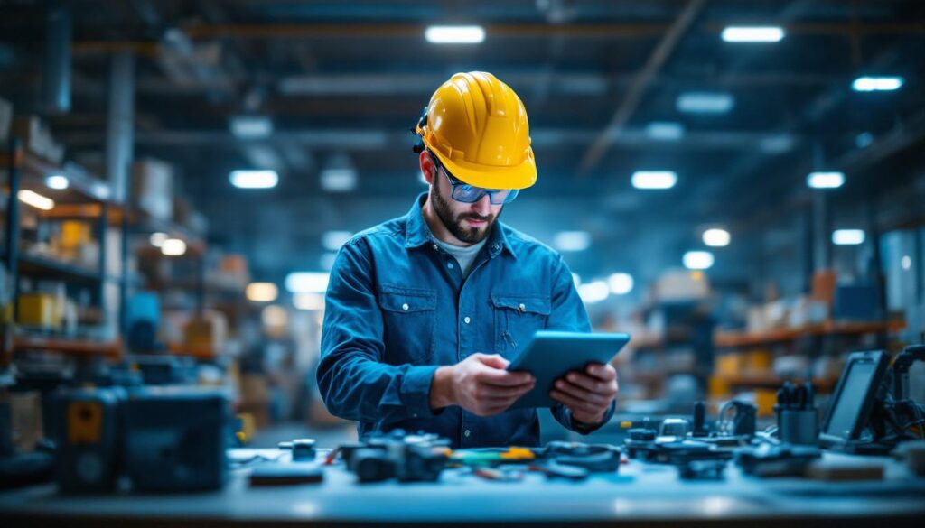 A photograph of a lighting contractor efficiently using advanced tools and technology in a modern warehouse setting
