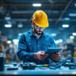 A photograph of a lighting contractor efficiently using advanced tools and technology in a modern warehouse setting
