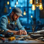 A photograph of a skilled lighting contractor in action