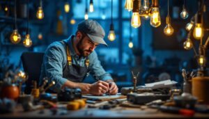 A photograph of a skilled lighting contractor in action