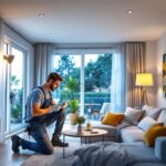 A photograph of a lighting contractor installing energy-efficient led fixtures in a modern residential space