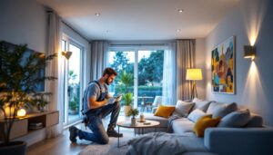 A photograph of a lighting contractor installing energy-efficient led fixtures in a modern residential space