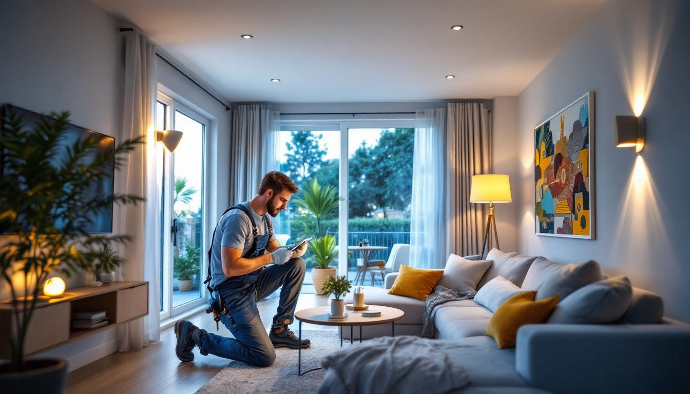 A photograph of a lighting contractor installing energy-efficient led fixtures in a modern residential space