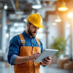 A photograph of a lighting contractor evaluating a commercial space