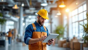 A photograph of a lighting contractor evaluating a commercial space