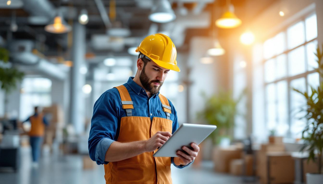 A photograph of a lighting contractor evaluating a commercial space