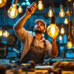 A photograph of a skilled lighting contractor working intently on a vibrant