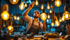 A photograph of a skilled lighting contractor working intently on a vibrant