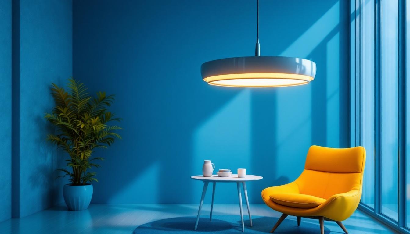 A photograph of a large round pendant light elegantly suspended in a modern interior setting