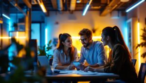 A photograph of a team of professionals collaborating in a well-lit workspace