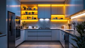 A photograph of a beautifully illuminated kitchen featuring stylish led lighting installed inside and under the cabinets