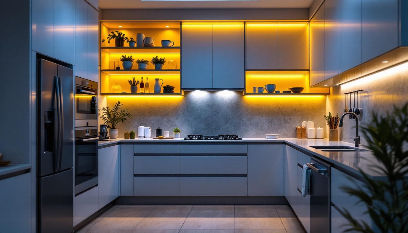 A photograph of a beautifully illuminated kitchen featuring stylish led lighting installed inside and under the cabinets