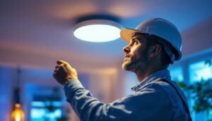 A photograph of a skilled lighting contractor installing or adjusting superlight led fixtures in a modern residential or commercial space