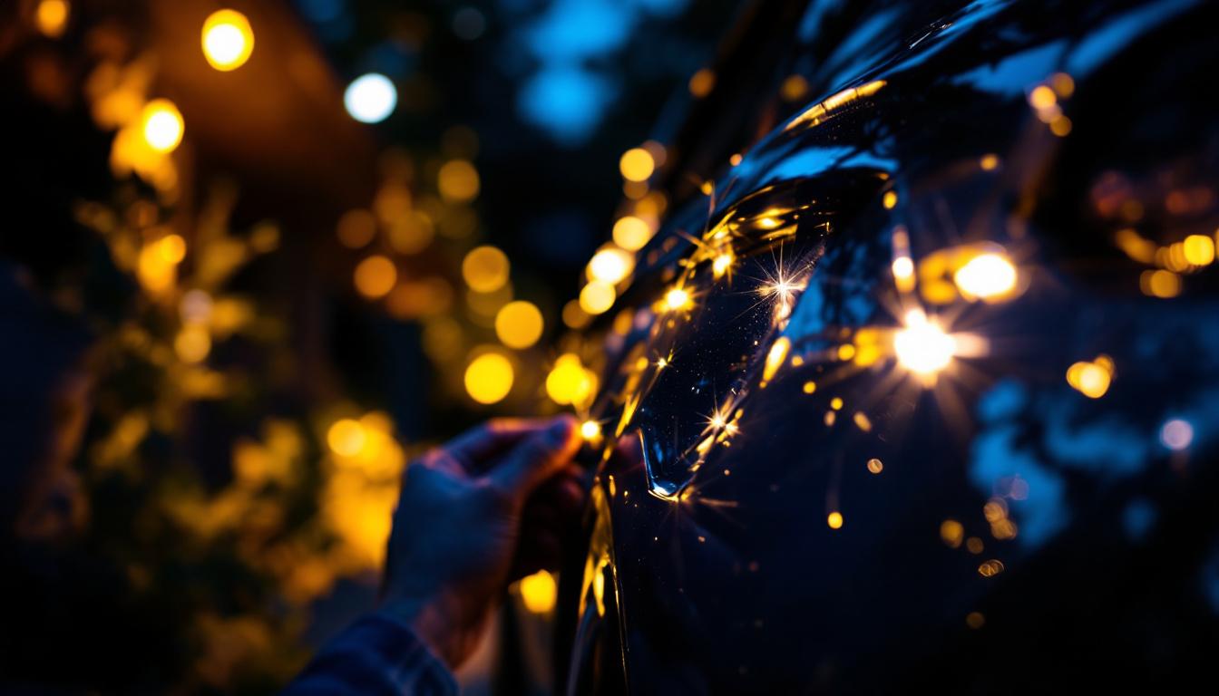 A photograph of a lighting contractor skillfully installing or adjusting stylish outdoor lights on a car