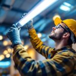 A photograph of a lighting contractor installing an 8 ft led fluorescent bulb in a commercial setting