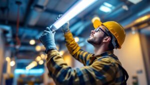 A photograph of a lighting contractor installing an 8 ft led fluorescent bulb in a commercial setting