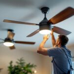 A photograph of a well-lit room featuring two stylish ceiling fans in action